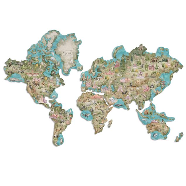 Weltkarte Wanddeko Weltkarte Sehenswürdigkeiten und Tiere Aquarell